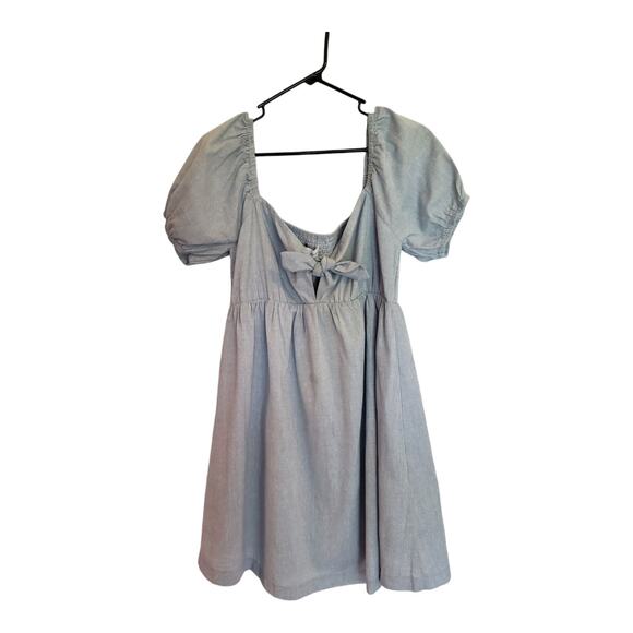 Lost + Wander Blue Babydoll Dress Linen Blue Lagoon Bow Front Elastic Large NWT - Picture 3 of 12
